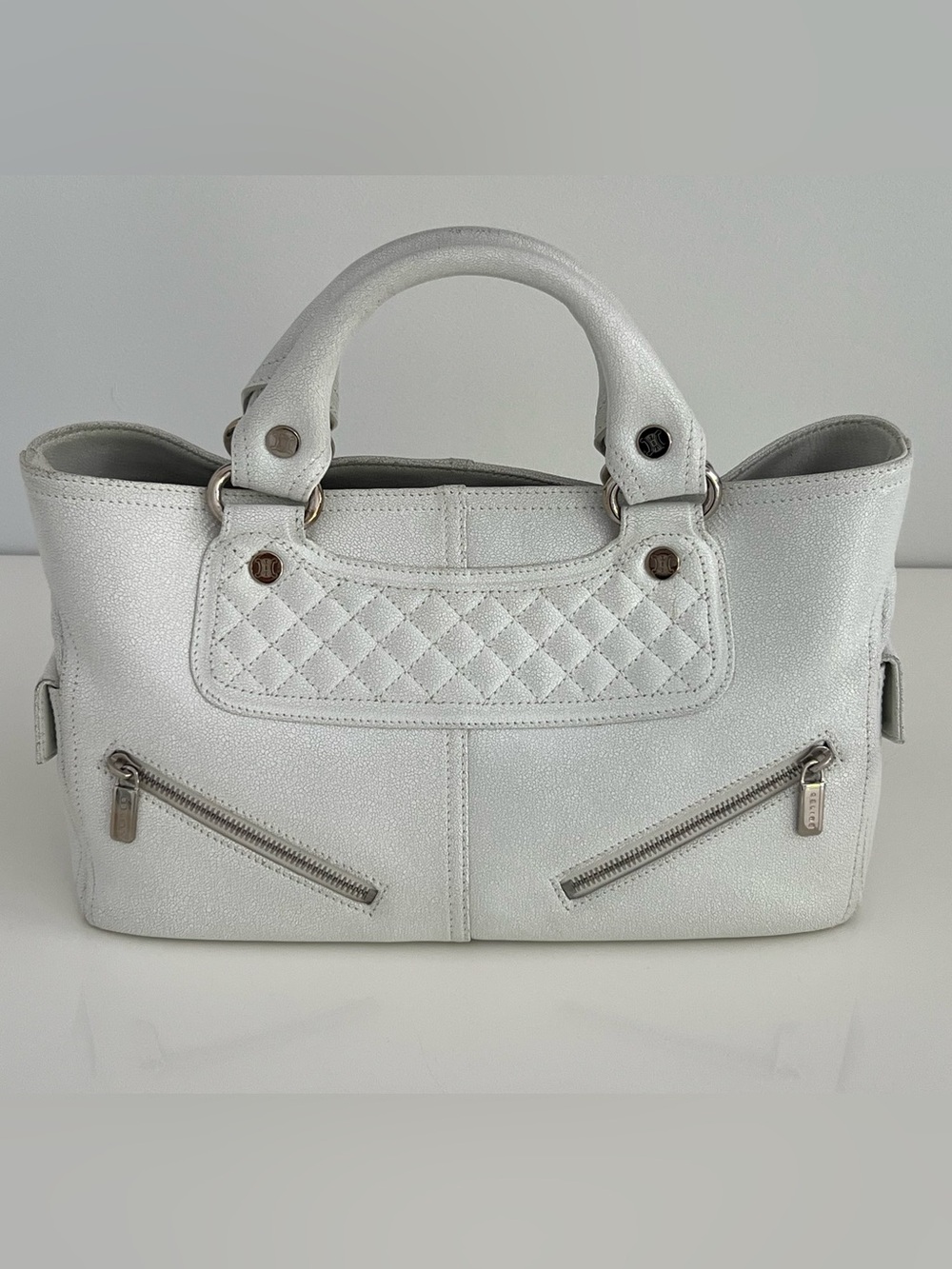 CELINE BOOGIE WHITE CRACKED LEATHER TOP HANDLE BAG